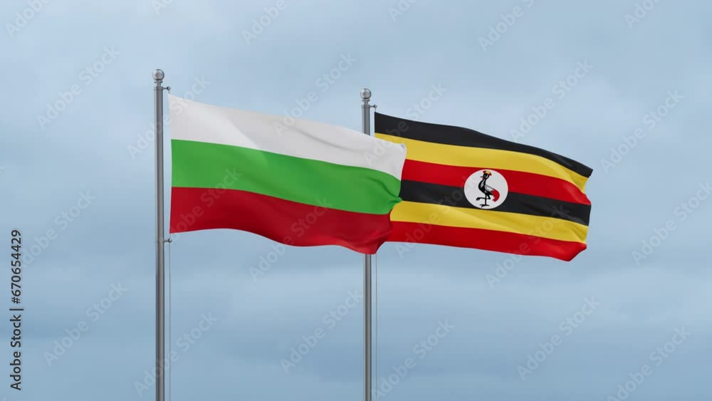 Republic of Uganda and Bulgaria flag waving together on cloudy sky, endless seamless loop, two country cooperation concept Republic of Uganda and Bulgaria flag waving together on cloudy sky, endless seamless loop, two country cooperation concept