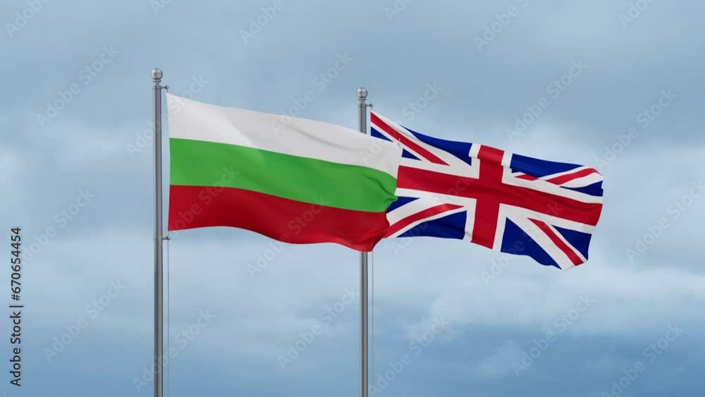 United Kingdom and Bulgaria flag waving together on cloudy sky, endless seamless loop, two country cooperation concept United Kingdom and Bulgaria flag waving together on cloudy sky, endless seamless loop, two country cooperation concept