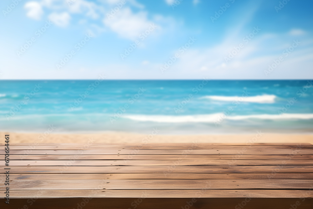 Empty wooden table light brown wood texture Blurred background, sea view and beach Empty wooden table light brown wood texture Blurred background, sea view and beach