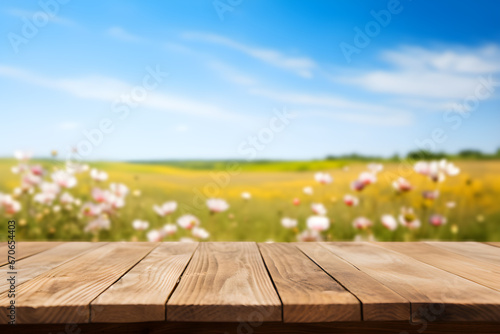 Empty wooden table light brown wood texture Blurred background  natural view Flower garden and blurred mountains