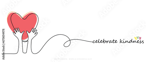World kindness day in november line art poster or banner design ideas. Continuous line art of hands making heart or holding heart. Celebrate kindness. Spread positivity and tolerant ideologies art.