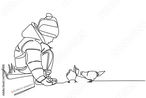 A young boy playing with birds and feeding them his rusk. Celebrate kindness concept line art. Continuous line drawing of a kind loving nature. Love empathy and kindness know no bounds vector