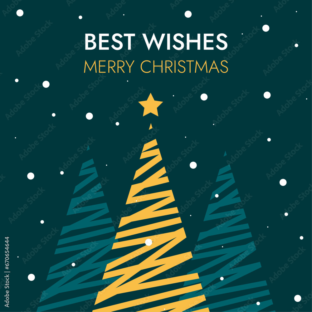 Naklejka premium Merry Christmas, Best wishes, New Year greeting card. Geometric Christmas tree and snow vector illustrations for background, party invitation, website banner, social media banner, marketing material