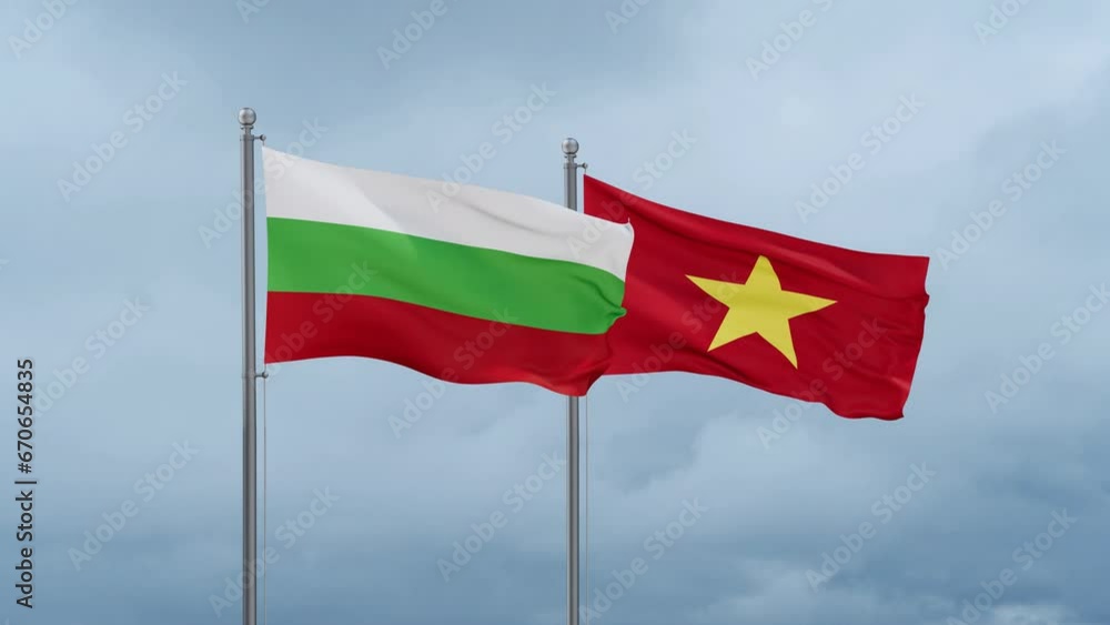 Vietnam and Bulgaria flag waving together on cloudy sky, endless seamless loop Vietnam and Bulgaria flag waving together on cloudy sky, endless seamless loop