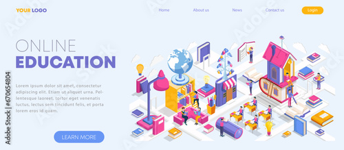 Flat design isometric online education concept. Landing page template for training courses, tutorials, and lectures. Vector illustration for web banner and website.
