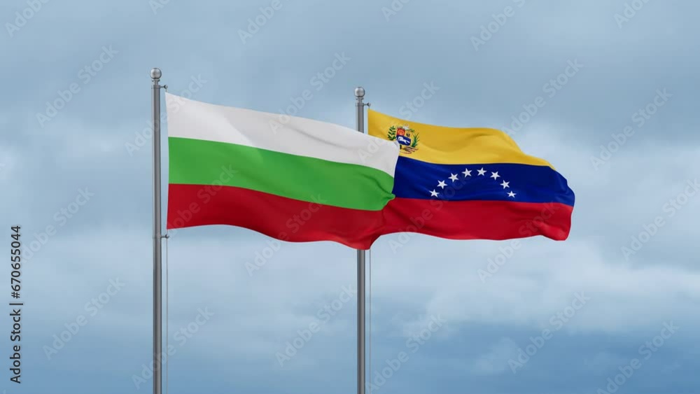 Venezuela and Bulgaria flag waving together on cloudy sky, endless seamless loop Venezuela and Bulgaria flag waving together on cloudy sky, endless seamless loop