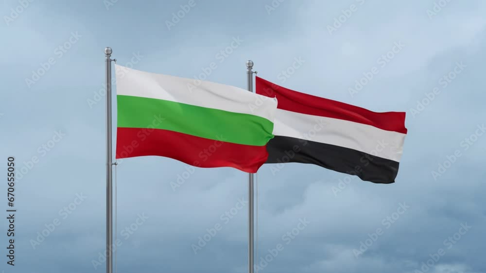 Yemen and Bulgaria flag waving together on cloudy sky, endless seamless loop, two country cooperation concept Yemen and Bulgaria flag waving together on cloudy sky, endless seamless loop, two country cooperation concept