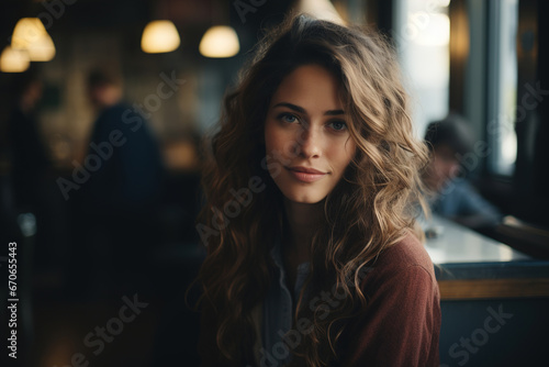 Lifestyle, pretty ordinary young woman in a cafe looking at the camera