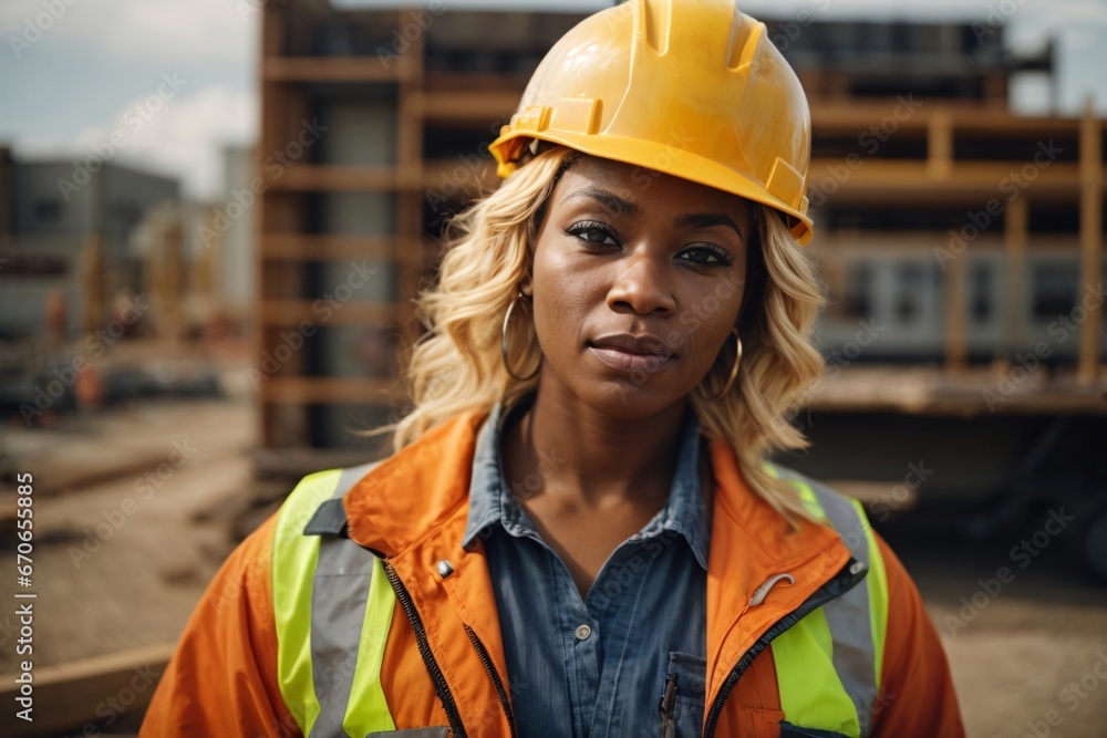 A portrait of a proud, strong, and skilled female African American construction worker wearing a hard hat. Generative Ai. A portrait of a proud, strong, and skilled female African American construction worker wearing a hard hat. Generative Ai.