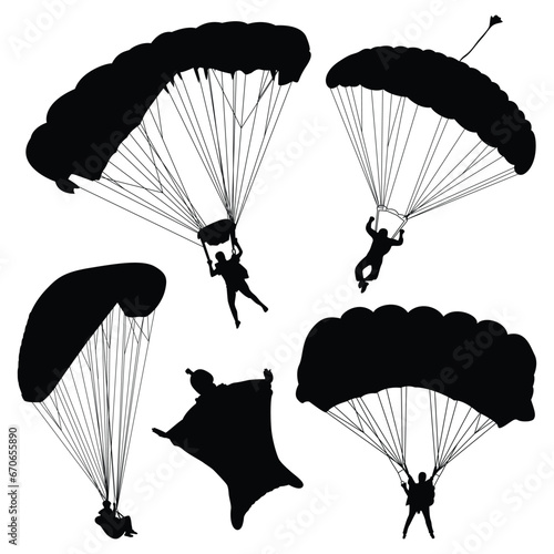 Skydiving or Paragliding Silhouettes Vector illustration