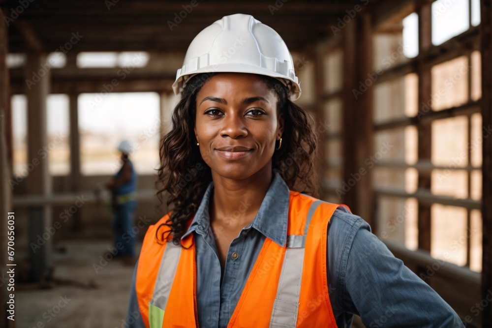 A portrait of a proud, strong, and skilled female African American construction worker wearing a hard hat. Generative Ai. A portrait of a proud, strong, and skilled female African American construction worker wearing a hard hat. Generative Ai.