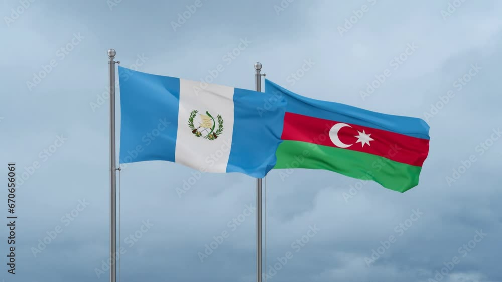 Azerbaijan and Guatemala flag waving together on cloudy sky, endless seamless loop, two country cooperation concept Azerbaijan and Guatemala flag waving together on cloudy sky, endless seamless loop, two country cooperation concept
