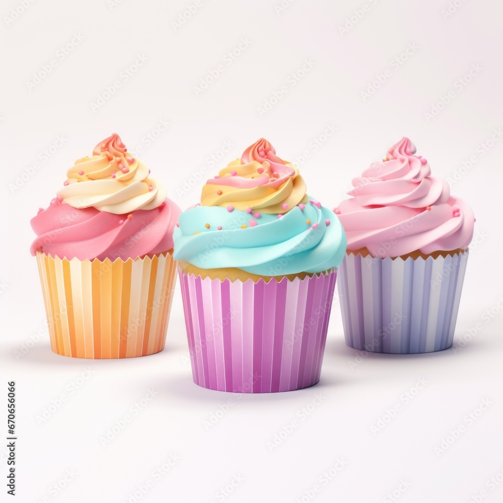 Three cupcakes with different colored frosting and sprinkles. Clipart on white background.