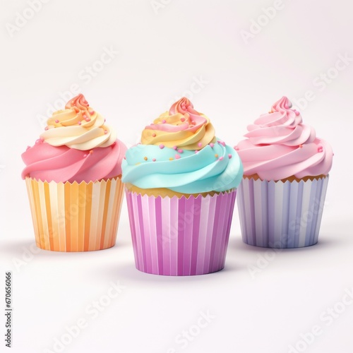 Three cupcakes with different colored frosting and sprinkles. Clipart on white background.