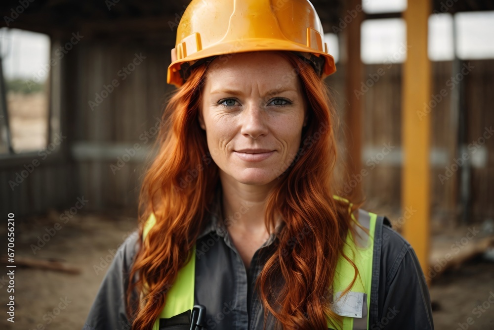 A portrait of a proud, strong, and skilled redhead female smirking construction worker wearing a hard hat during autumn sunset with sun flares in the background. Generative Ai. A portrait of a proud, strong, and skilled redhead female smirking construction worker wearing a hard hat during autumn sunset with sun flares in the background. Generative Ai.