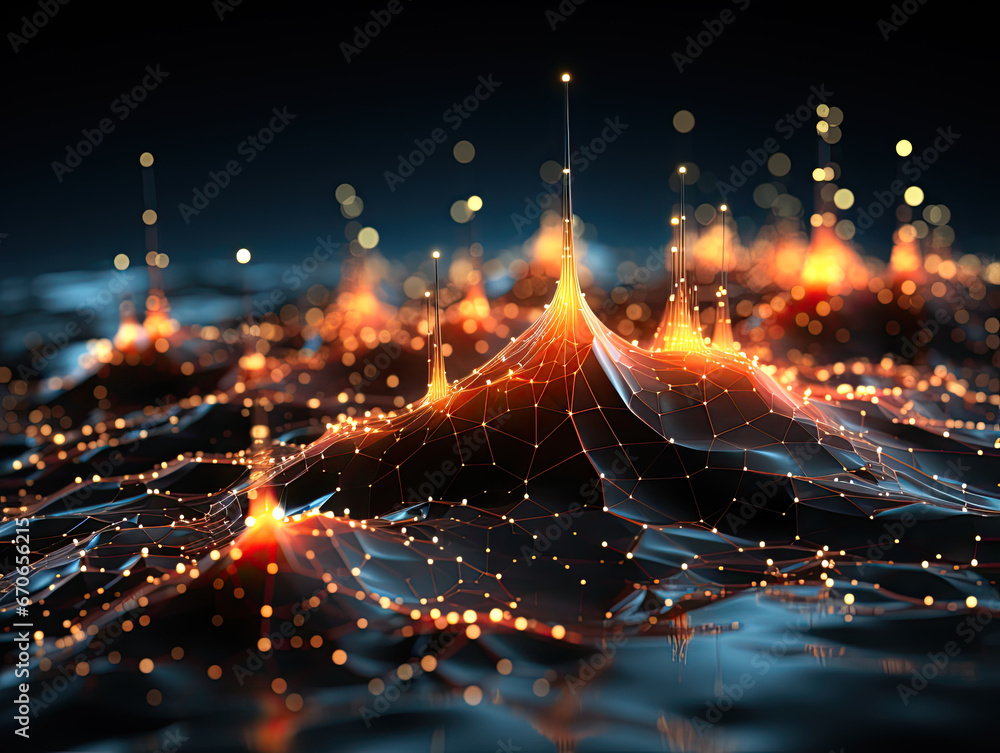 Big data visualization in 3D rendering. Abstract futuristic data technology with low poly shape, connecting dots, and lines on a dark background.