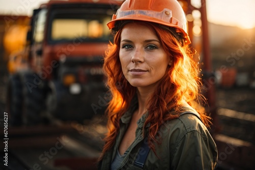 A portrait of a proud, strong, and skilled redhead female smirking construction worker wearing a hard hat during autumn sunset with sun flares in the background. Generative Ai.