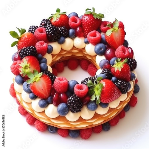 A cake with berries  strawberries  and blueberries.