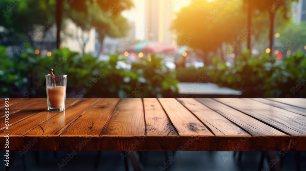 The empty wooden table top with blur background of outdoor cafe in the morning. Generative AI image AIG30.