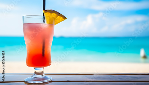 Red refreshment cocktail in glass on the table on the beach. Caribbean vacation and travel.