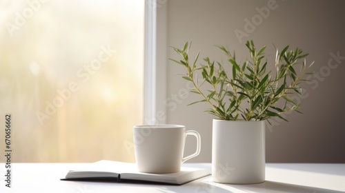 A cup of coffee and a book on a table. Simple serene setting  clean living.