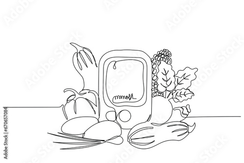World diabetes day in November. line art of  persons using glucometer and keeping blood sugar levels in check. Needle used to take a drop of blood for diabetes testing. Medical concept.Glucometer use 
