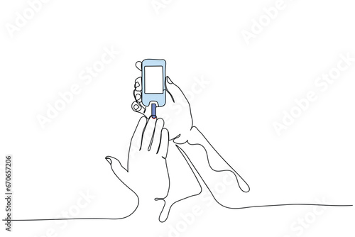 World diabetes day in November. line art of  persons using glucometer and keeping blood sugar levels in check. Needle used to take a drop of blood for diabetes testing. Medical concept.Glucometer use 