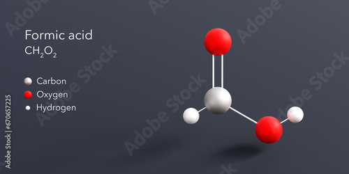 formic acid molecule 3d rendering, flat molecular structure with chemical formula and atoms color coding