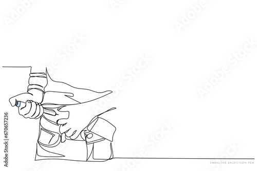 World diabetes day in November. Continuous line art of a person using glucometer and keeping blood sugar levels in check. Needle used to take a drop of bloof for diabetes testing. Medical concept art