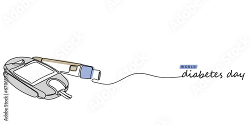 World diabetes day in November. line art of  persons using glucometer and keeping blood sugar levels in check. Needle used to take a drop of blood for diabetes testing. Medical concept.Glucometer use 