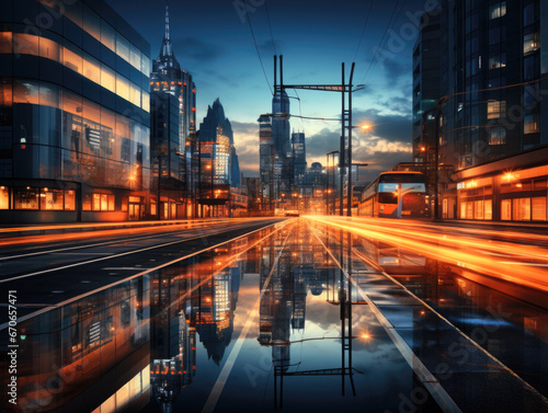 Create an abstract night view with a double exposure of train tracks and the blurred lights of city office buildings as the background.