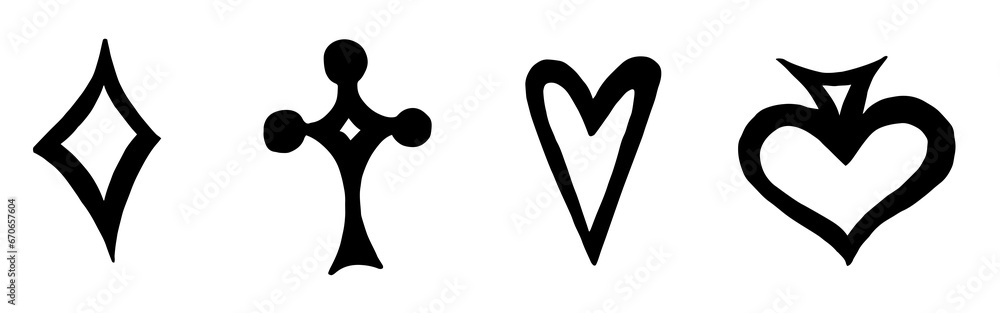 Suit of playing cards: diamonds, hearts, spades, clubs. Sketch. Suit of playing cards: diamonds, hearts, spades, clubs. Sketch.