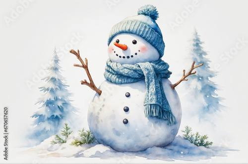 Charming Cartoon Snowman in Winter Wear on Frosty Background. Beautiful light watercolor card. Minimalist Design. Merry Christmas and Happy New Year. Generative AI