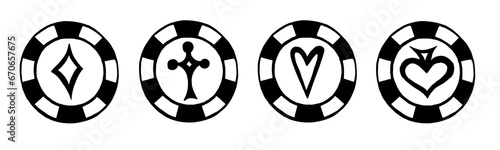 Chips with suits: diamonds, hearts, spades, clubs. Black and white elements.