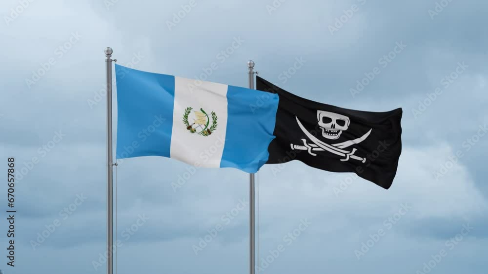Guatemala flag and Corsair flag waving together on cloudy sky, endless seamless loop Guatemala flag and Corsair flag waving together on cloudy sky, endless seamless loop