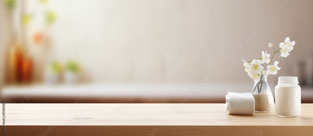Blurry bathroom in the background with a table top Blurry bathroom in the background with a table top