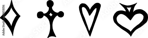 Suit of playing cards: diamonds, hearts, spades, clubs . Vector illustration symbols isolated on white background. Sketch.