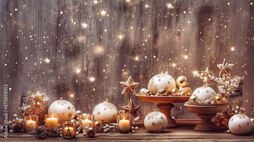 Christmas decoration with burning candles and golden baubles on wooden background