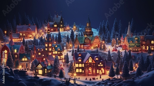 Realistic cozy small Christmas town by night isometric or birds eye view 