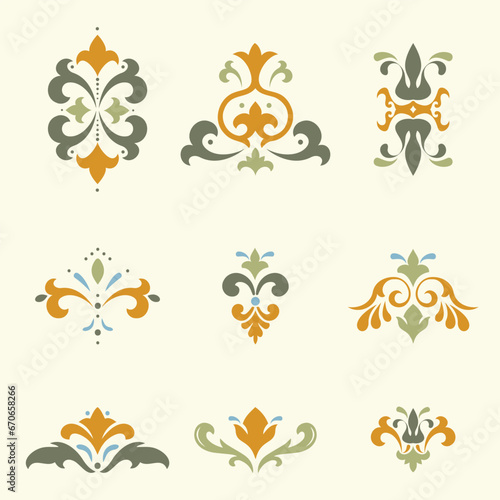Oriental floral ornament. Damask graphic elements. Imperial rococo decor. For seamless patterns  wrapping paper  greeting and business cards  wedding invitations  textile  t-shirt prints etc.