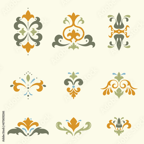 Oriental floral ornament. Damask graphic elements. Imperial rococo decor. For seamless patterns, wrapping paper, greeting and business cards, wedding invitations, textile, t-shirt prints etc.