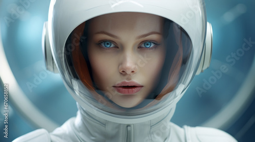 Beautiful attractive female astronaut wearing a white futuristic helmet. Concept of space travel and exploration.