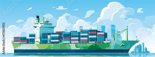 green cargo ship with container, new energy, sustainability, esg
