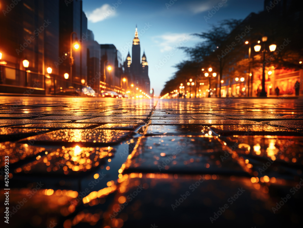 abstract spotlight with an empty scene featuring reflections of a dark street on wet pavement, neon figures, and neon light rays. Capture the night view of the city with added smoke.