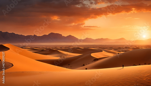 breathtaking desert landscape at sunset, with a vast expanse of sand stretching towards distant mountains, illuminated by warm hues of orange and yellow, creating a serene and captivating scene