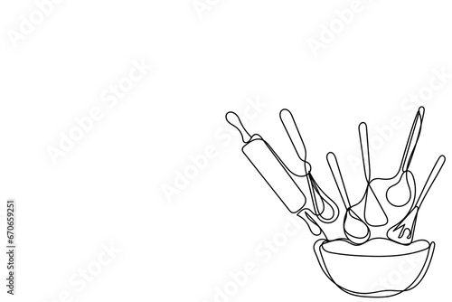 line art of Kitchen utensils and cutlery set. Spoon, Knife, Spatula, forks, plates, bowls, spices jars, saucepan and frying pan vector. Pastel color soft pictures background line art