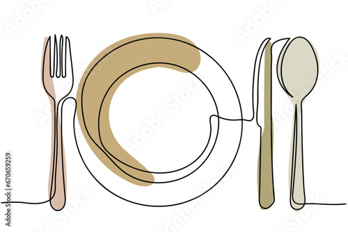 line art of Kitchen utensils and cutlery set. Spoon, Knife, Spatula, forks, plates, bowls, spices jars, saucepan and frying pan vector. Pastel color soft pictures background line art