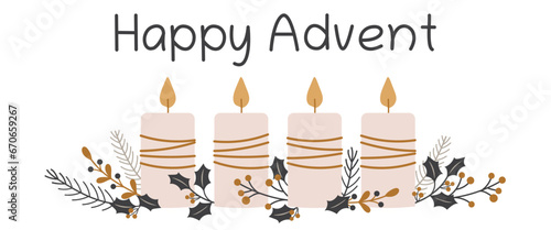 Happy Advent - Schriftzug in englischer Sprache - Fröhlicher Advent. Grußbanner mit Kerzen und winterlichen Zweigen.