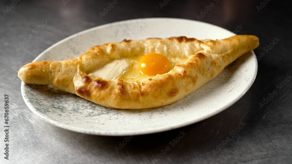Khachapuri on a plate on the table close-up. A plate with delicious Adjarian khachapuri on a dark table background. Khachapuri is served on a plate. Food. Traditional khachapuri with cheese and egg.