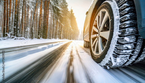 car driving with winter tires on snow and ice road, motion blur copy space for text